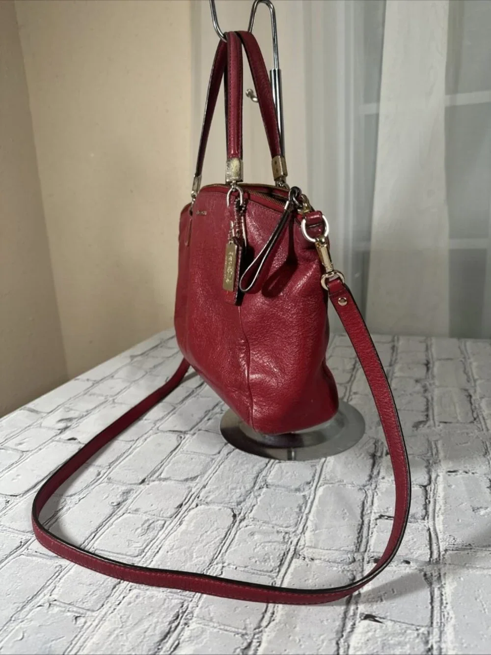 Coach Kelsey Pebbled Leather Red Satchel Crossbody Bag Purse